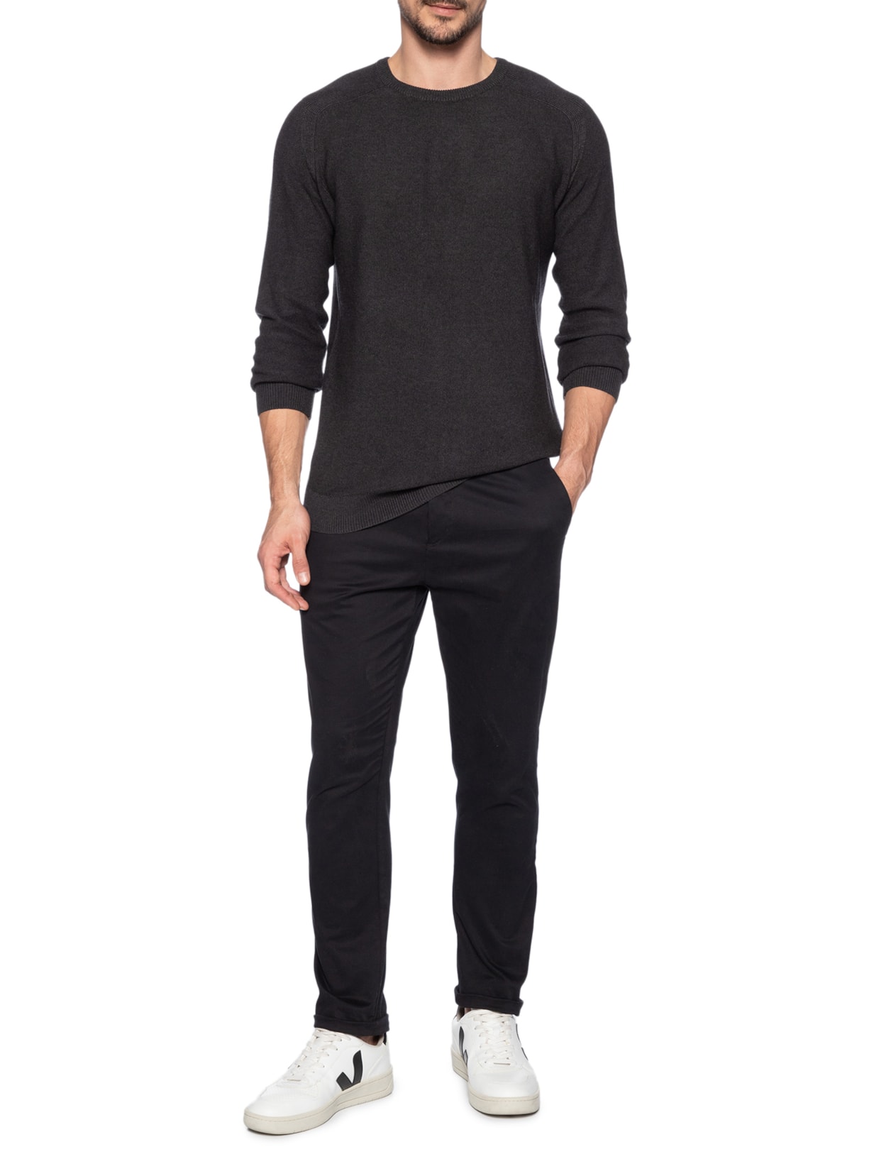 Suéter Masculino Det Ombro Gola Careca Cinza '2 Essential