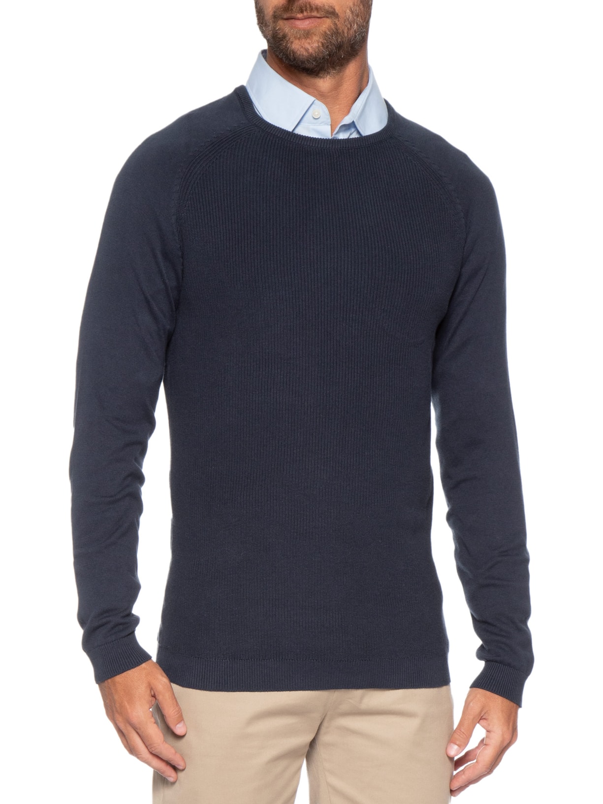 Suéter Masculino Em Algodão Trançado Gola Redonda Azul '2 Essential