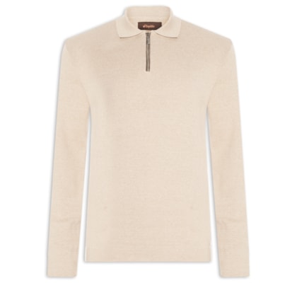 Suéter Masculino Em Tricot Manga Longa Com Zíper - Bege