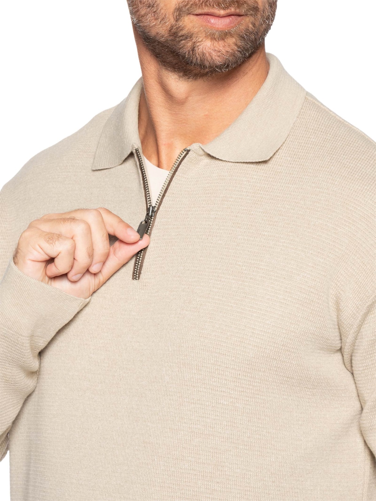 Suéter Masculino Em Tricot Manga Longa Com Zíper Bege Zapalla