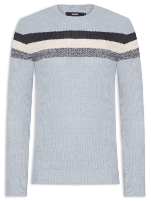 Suéter Masculino Faixas Tricolor Em Tricot - Azul