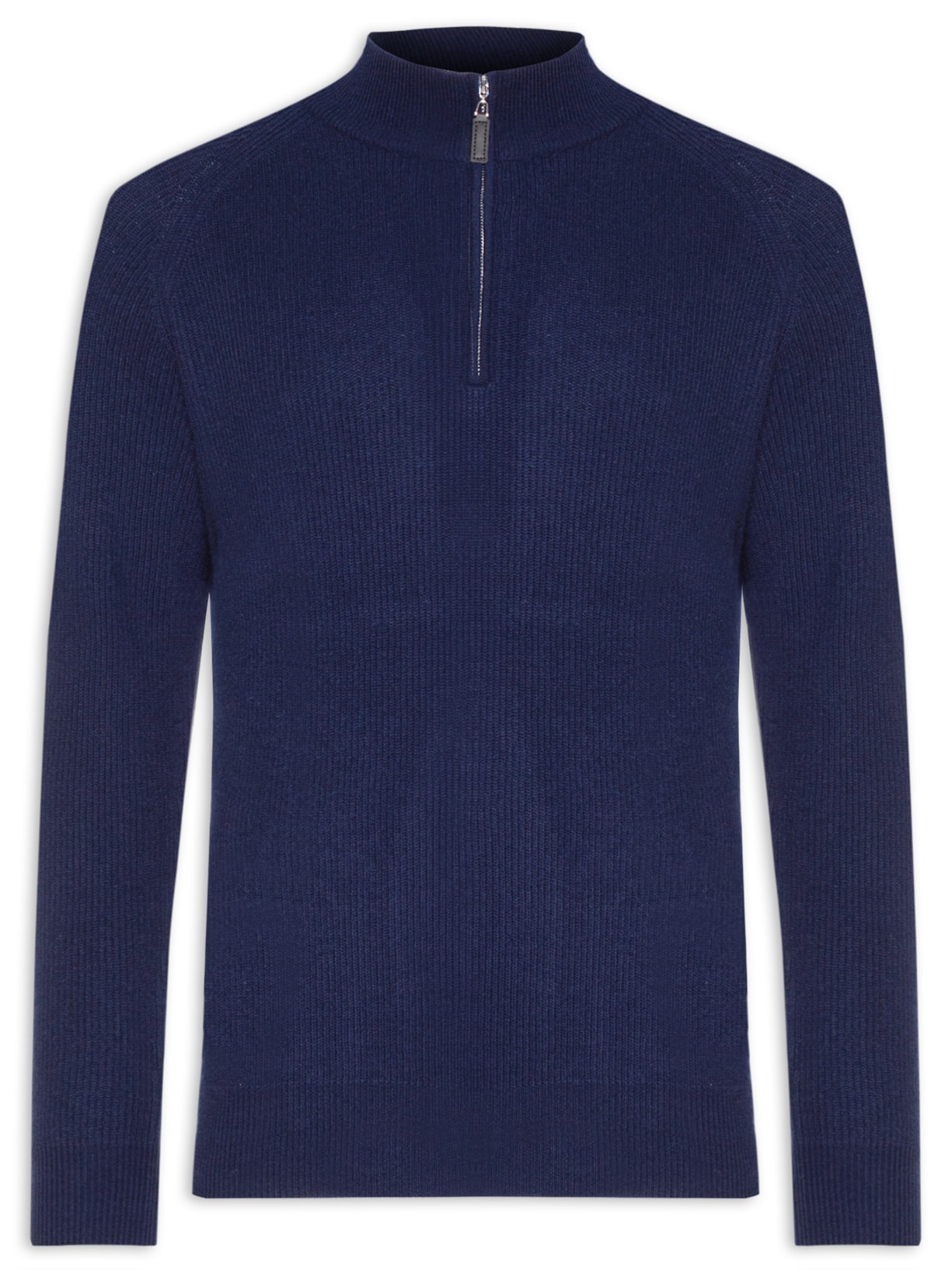 Suéter Masculino Gola Alta Com Meio Zíper Blend de Lã e Cashmere - Azul