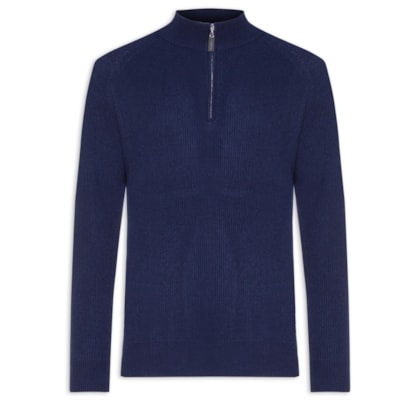 Suéter Masculino Gola Alta Com Meio Zíper Blend de Lã e Cashmere - Azul