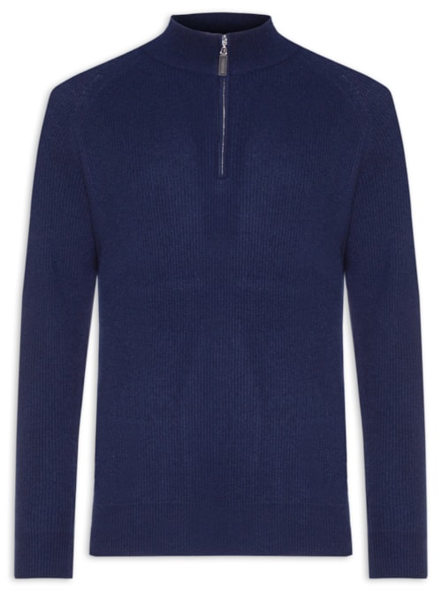 Suéter Masculino Gola Alta Com Meio Zíper Blend de Lã e Cashmere - Azul