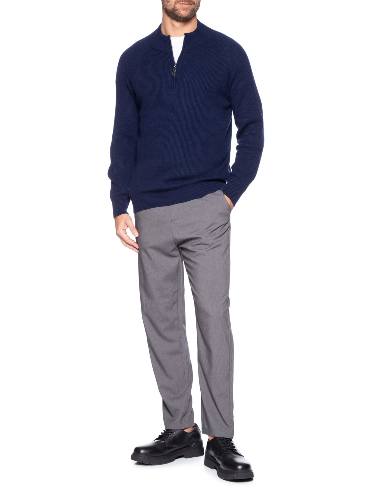Suéter Masculino Gola Alta Com Meio Zíper Blend de Lã e Cashmere Azul '2 Essential