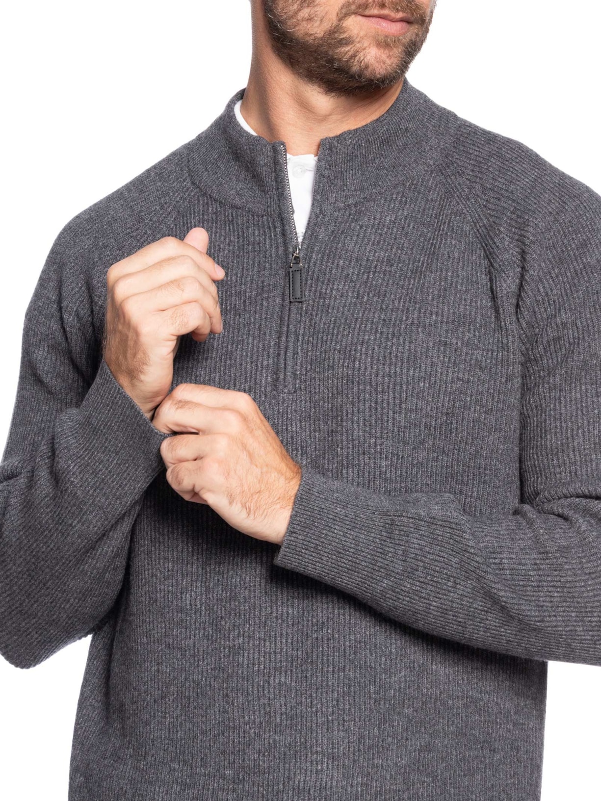 Suéter Masculino Gola Alta Com Meio Zíper Blend de Lã e Cashmere Cinza '2 Essential