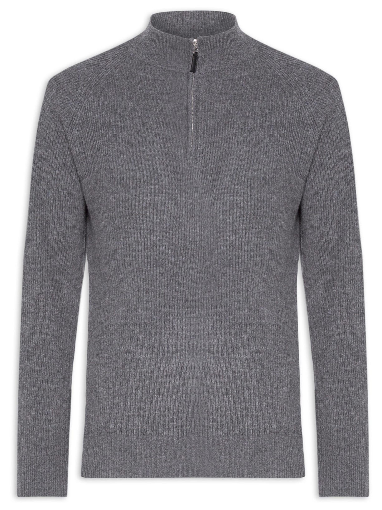 Suéter Masculino Gola Alta Com Meio Zíper Blend de Lã e Cashmere Cinza '2 Essential