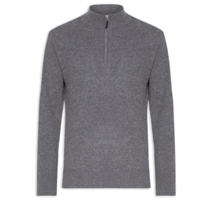 Suéter Masculino Gola Alta Com Meio Zíper Blend de Lã e Cashmere - Cinza