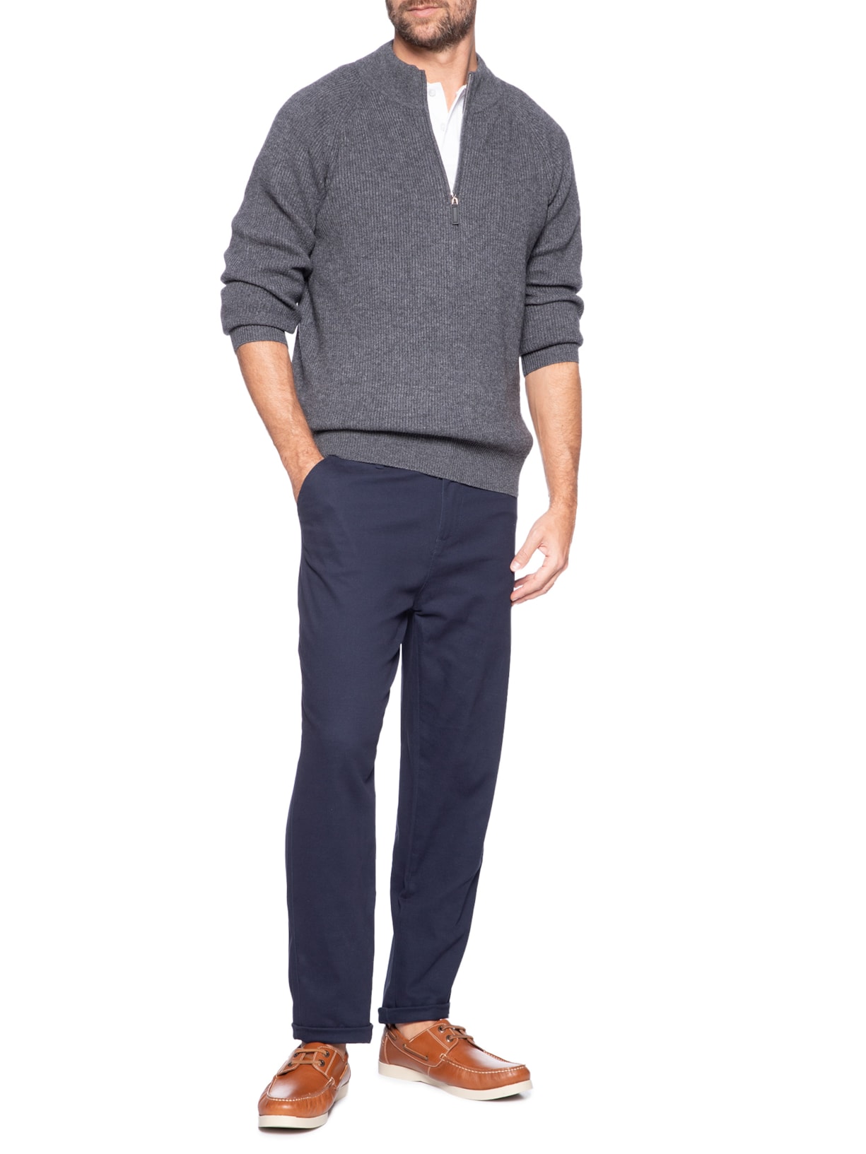 Suéter Masculino Gola Alta Com Meio Zíper Blend de Lã e Cashmere Cinza '2 Essential