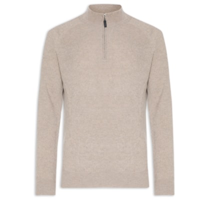 Suéter Masculino Gola Alta Com Meio Zíper Blend de Lã e Cashmere - Marrom