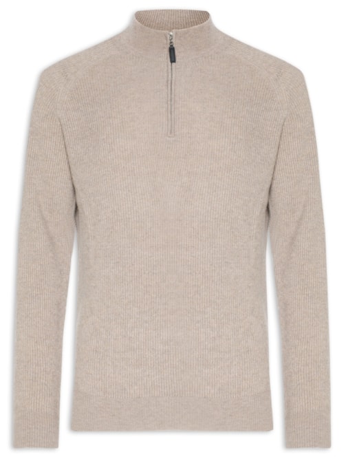 Suéter Masculino Gola Alta Com Meio Zíper Blend de Lã e Cashmere - Marrom