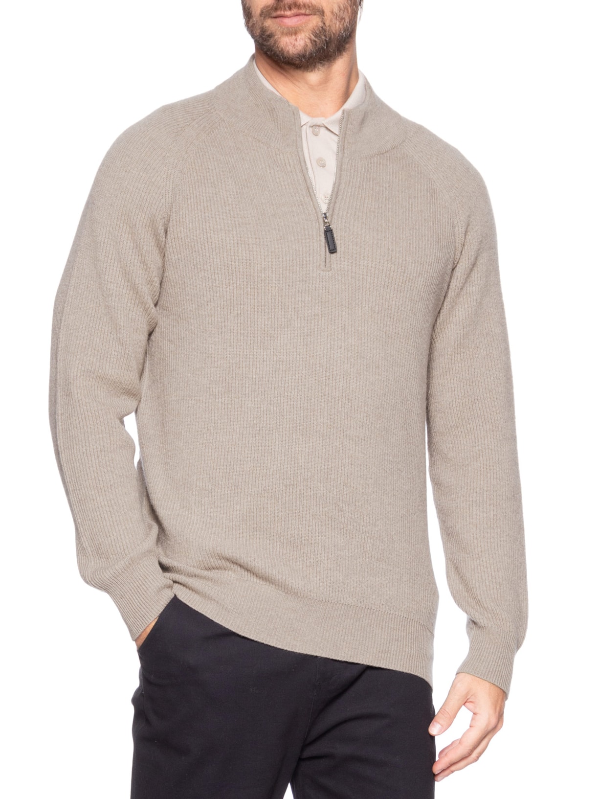 Suéter Masculino Gola Alta Com Meio Zíper Blend de Lã e Cashmere Marrom '2 Essential