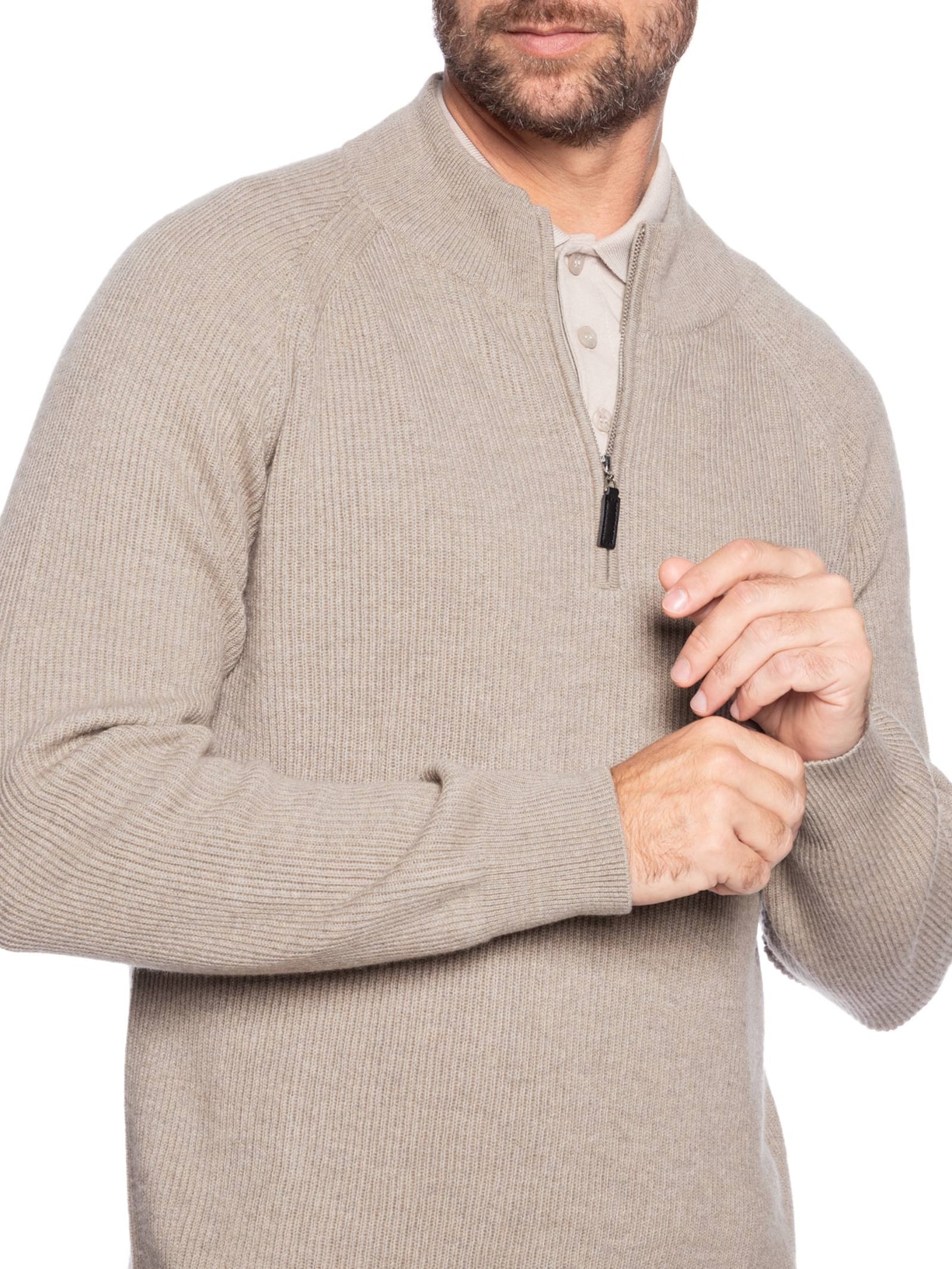 Suéter Masculino Gola Alta Com Meio Zíper Blend de Lã e Cashmere Marrom '2 Essential