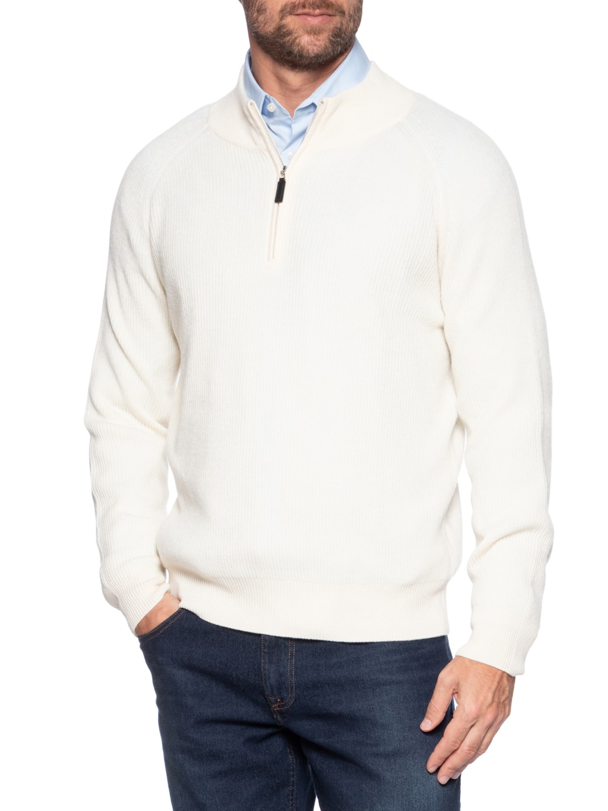 Suéter Masculino Gola Alta Com Meio Zíper Blend de Lã e Cashmere Off White '2 Essential