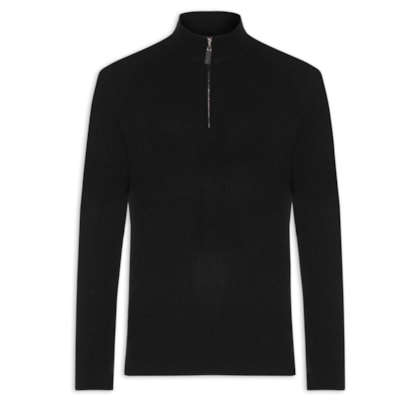 Suéter Masculino Gola Alta Com Meio Zíper Blend de Lã e Cashmere - Preto