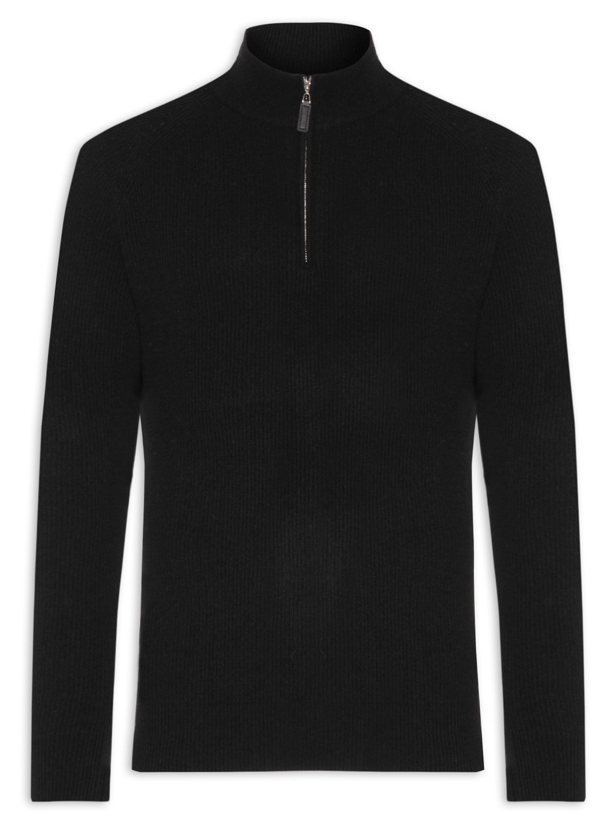 Suéter Masculino Gola Alta Com Meio Zíper Blend de Lã e Cashmere - Preto