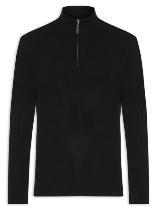 Suéter Masculino Gola Alta Com Meio Zíper Blend de Lã e Cashmere - Preto