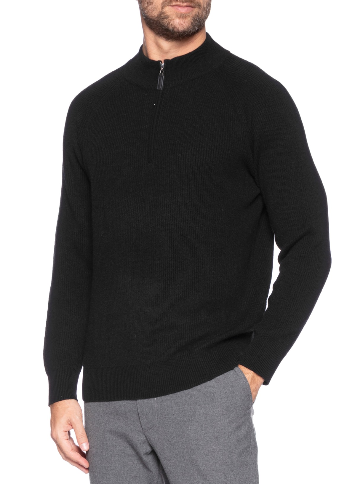 Suéter Masculino Gola Alta Com Meio Zíper Blend de Lã e Cashmere Preto '2 Essential