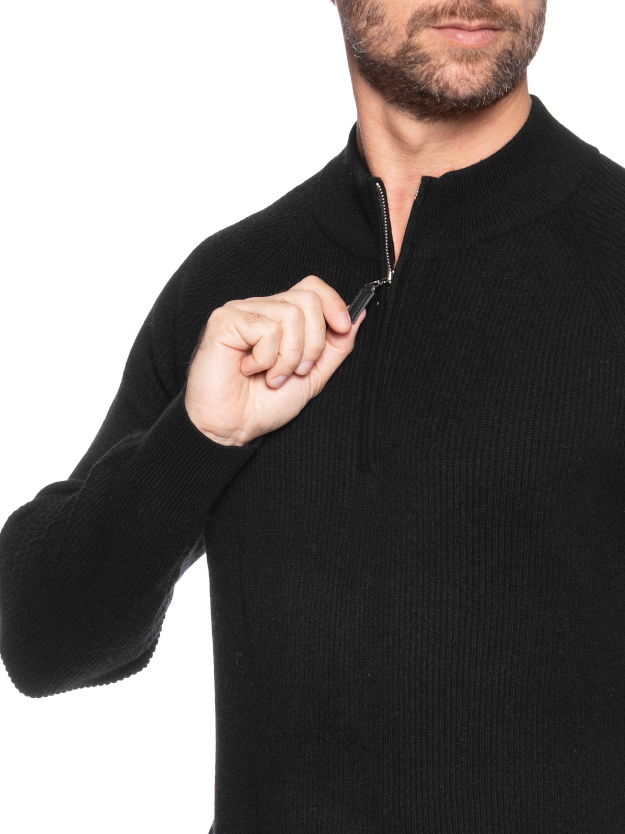 Suéter Masculino Gola Alta Com Meio Zíper Blend de Lã e Cashmere Preto '2 Essential