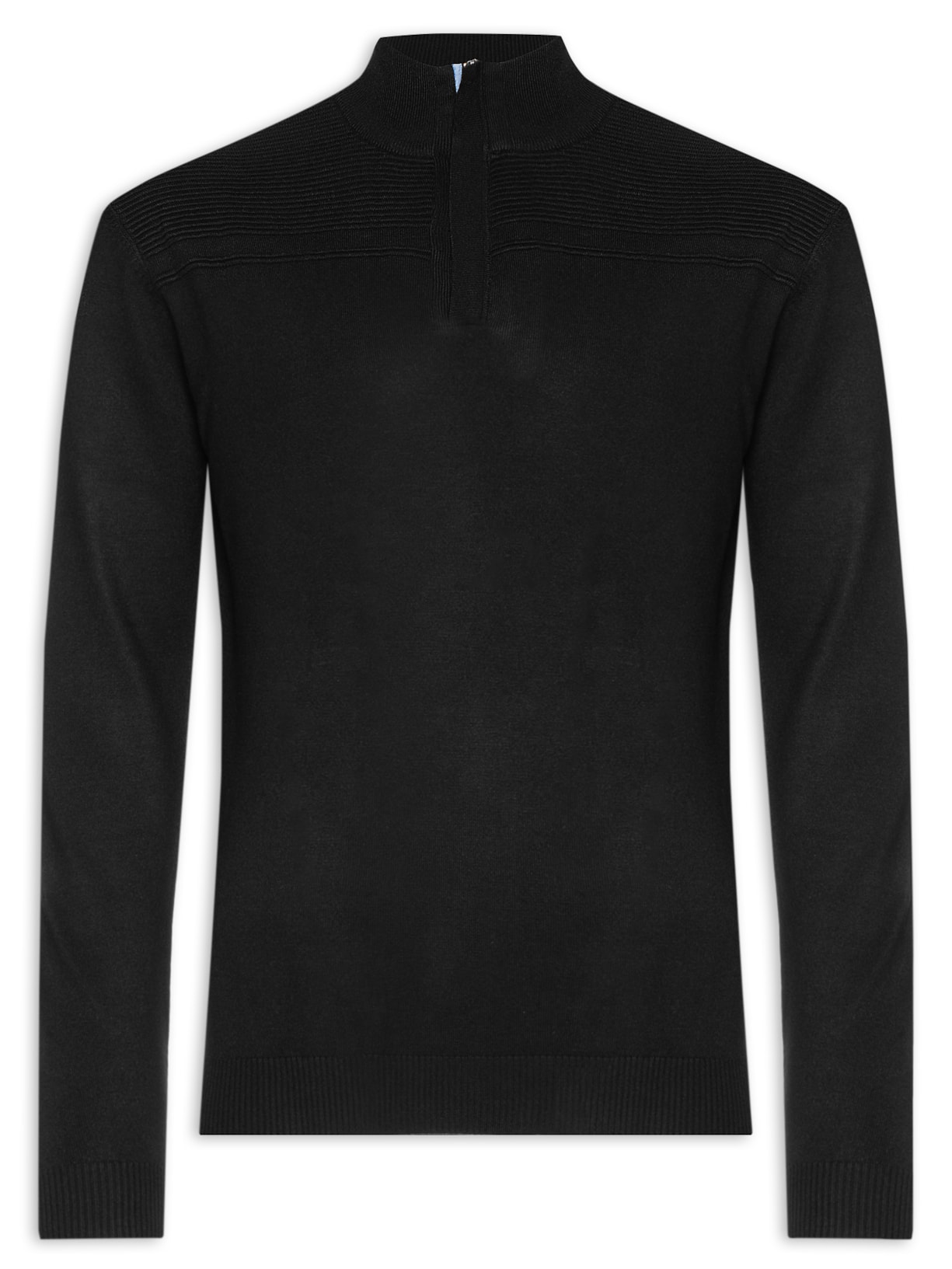 Suéter Masculino Gola Alta Com Meio Zíper E Textura - Preto