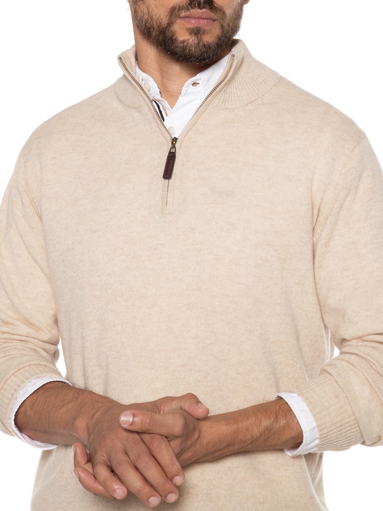 Suéter Masculino Gola Alta Com Meio Zíper Puro Cashmere Bege '2 Essential