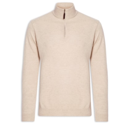 Suéter Masculino Gola Alta Com Meio Zíper Puro Cashmere - Bege