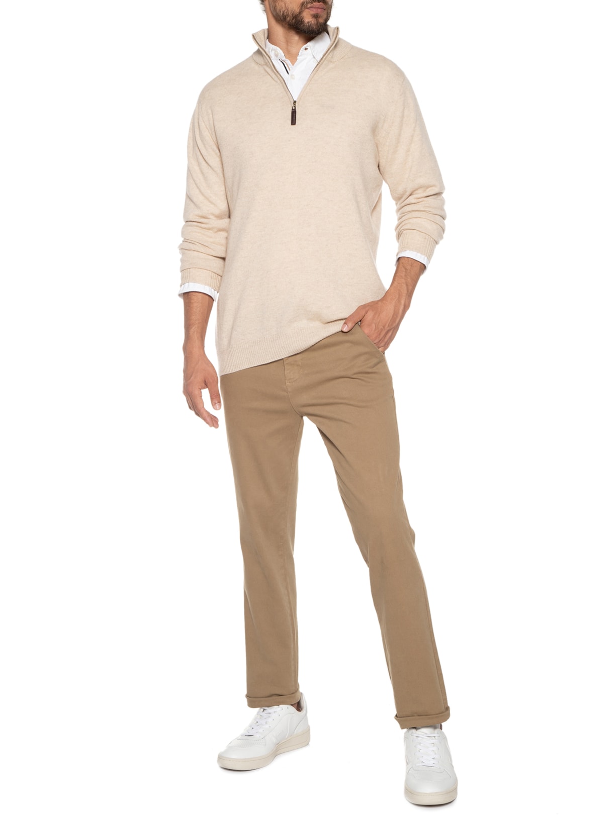 Suéter Masculino Gola Alta Com Meio Zíper Puro Cashmere Bege '2 Essential
