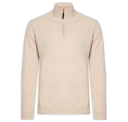 Suéter Masculino Gola Alta Com Meio Zíper Puro Cashmere - Bege