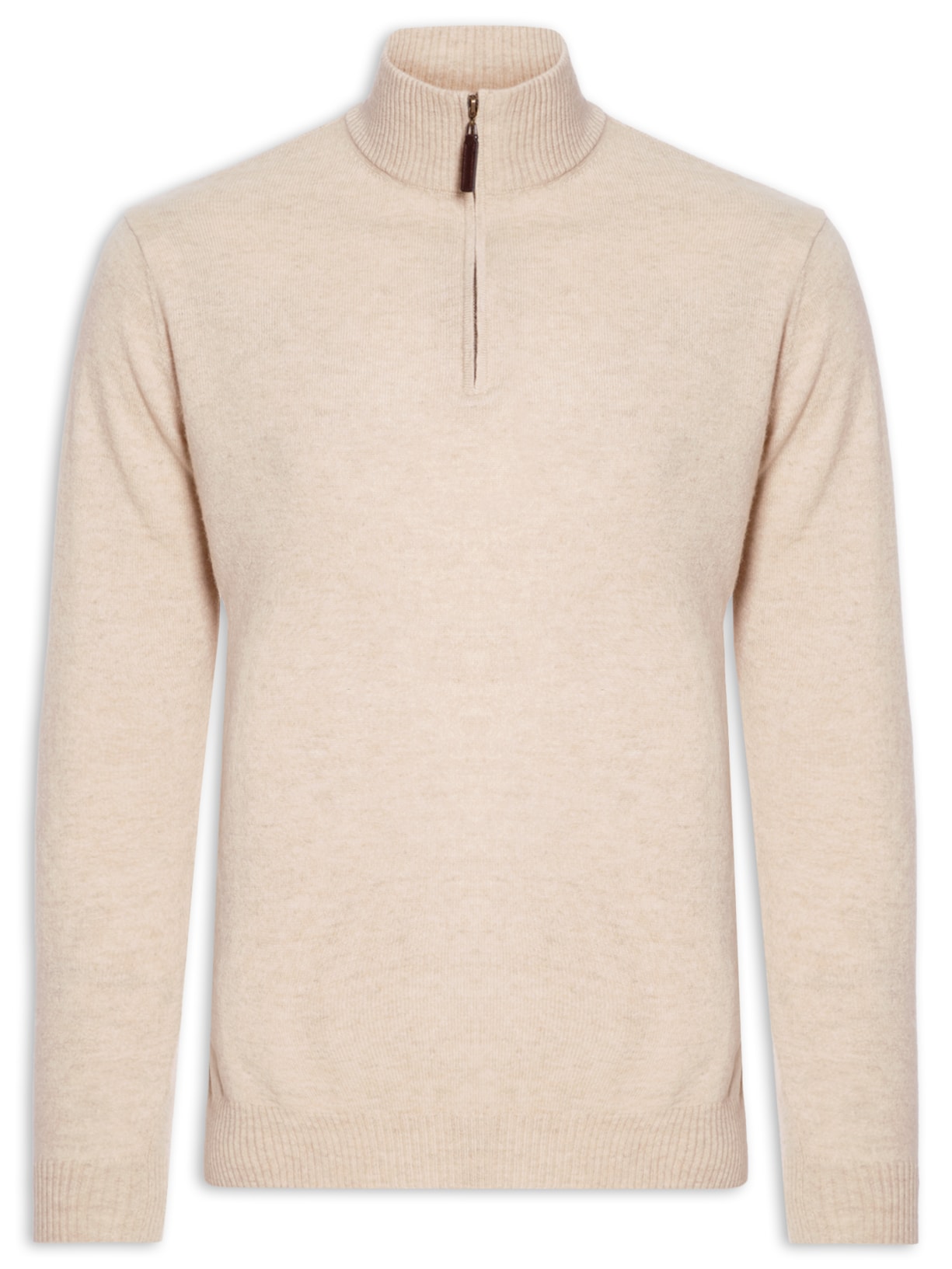 Suéter Masculino Gola Alta Com Meio Zíper Puro Cashmere - Bege
