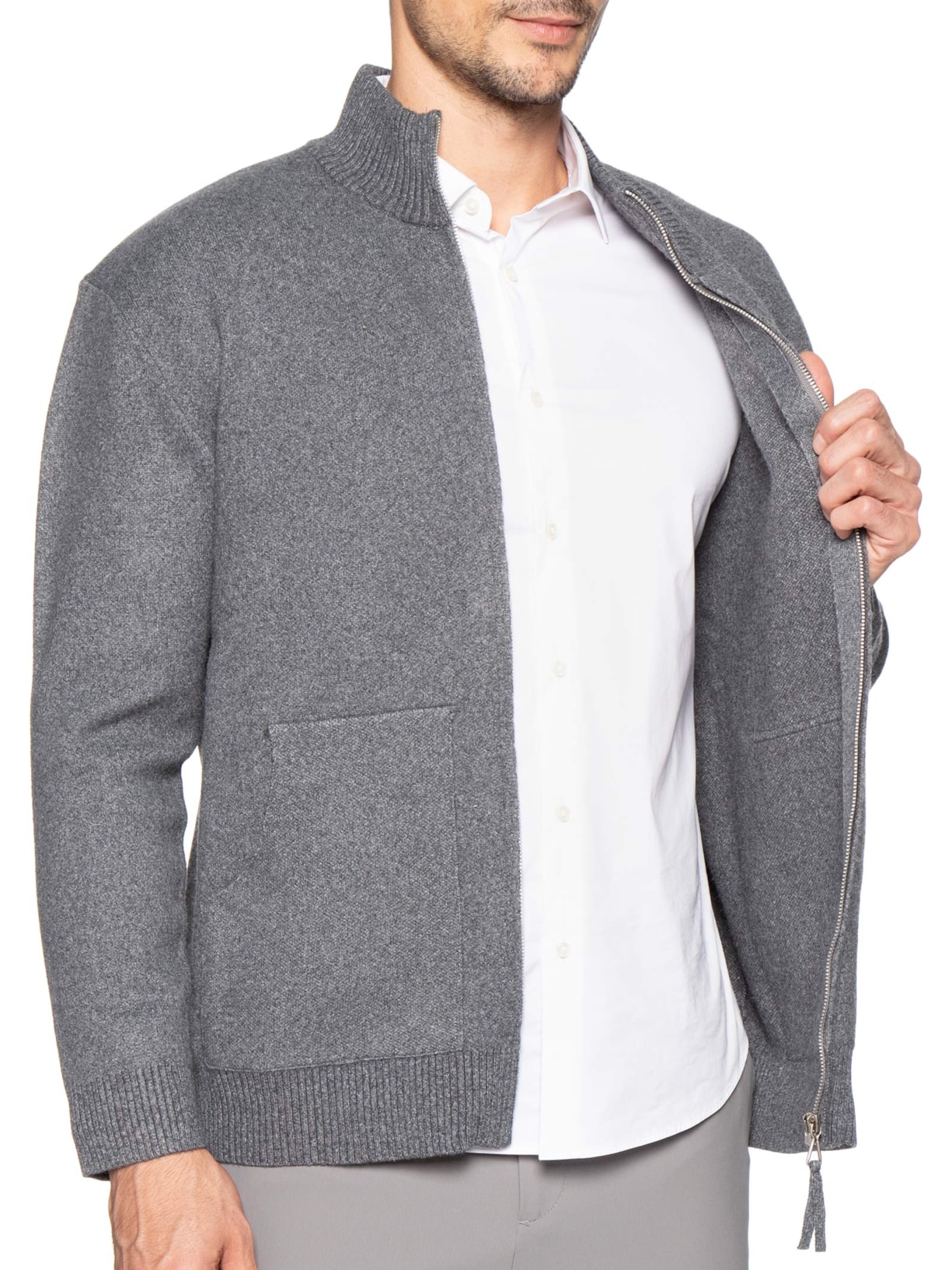 Suéter Masculino Gola Alta Com Zíper Cinza '2 Essential