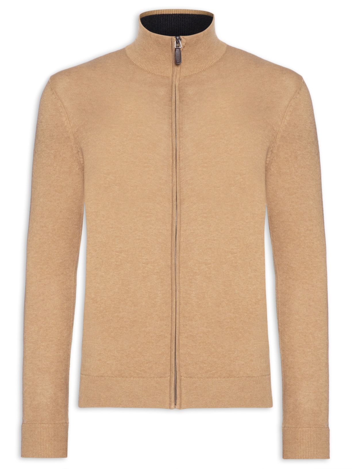 Suéter Masculino Gola Alta Com Zíper Completo Básico- Bege