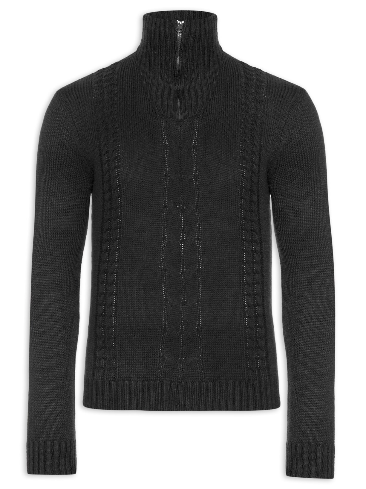 Suéter Masculino Gola Alta Meio Zíper Com Detalhe Em Trança - Preto