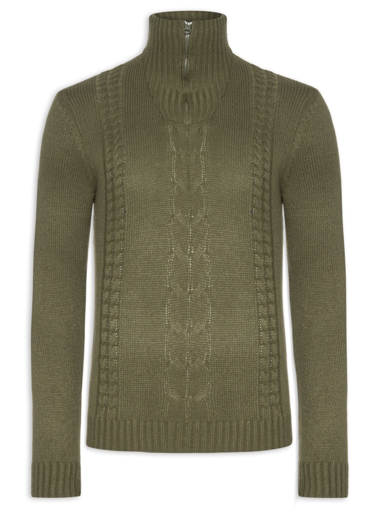 Suéter Masculino Gola Alta Meio Zíper Com Detalhe Em Trança - Verde