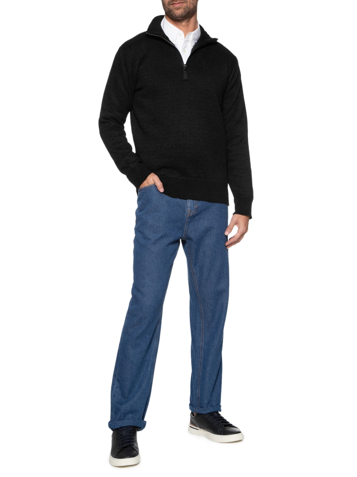 Suéter Masculino Gola Alta Meio Zíper Preto '2 Essential