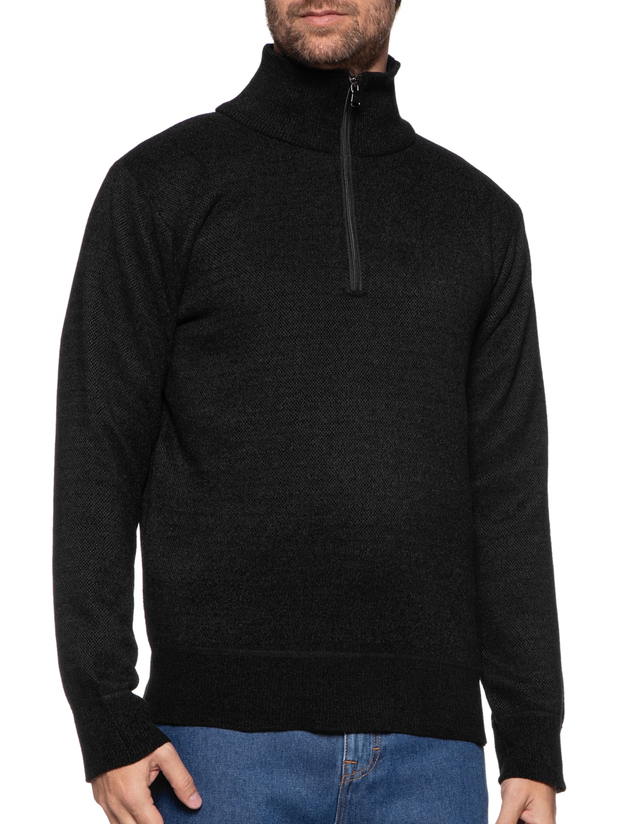 Suéter Masculino Gola Alta Meio Zíper Preto '2 Essential