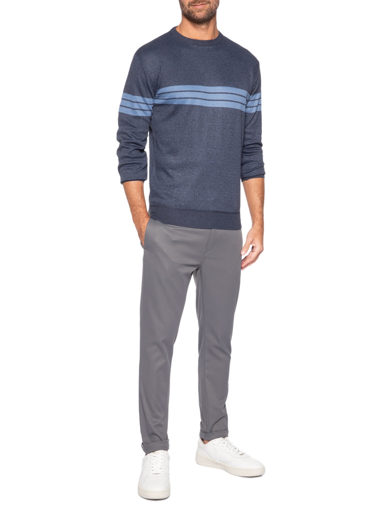 Suéter Masculino Gola Careca Listrado Azul '2 Essential