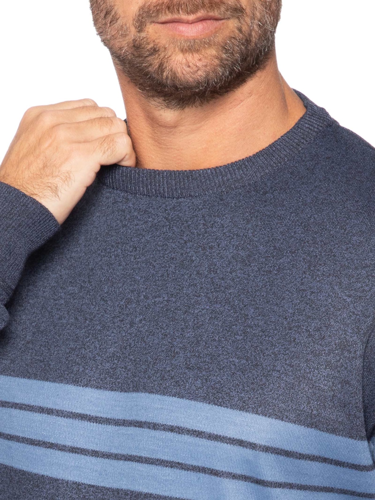 Suéter Masculino Gola Careca Listrado Azul '2 Essential