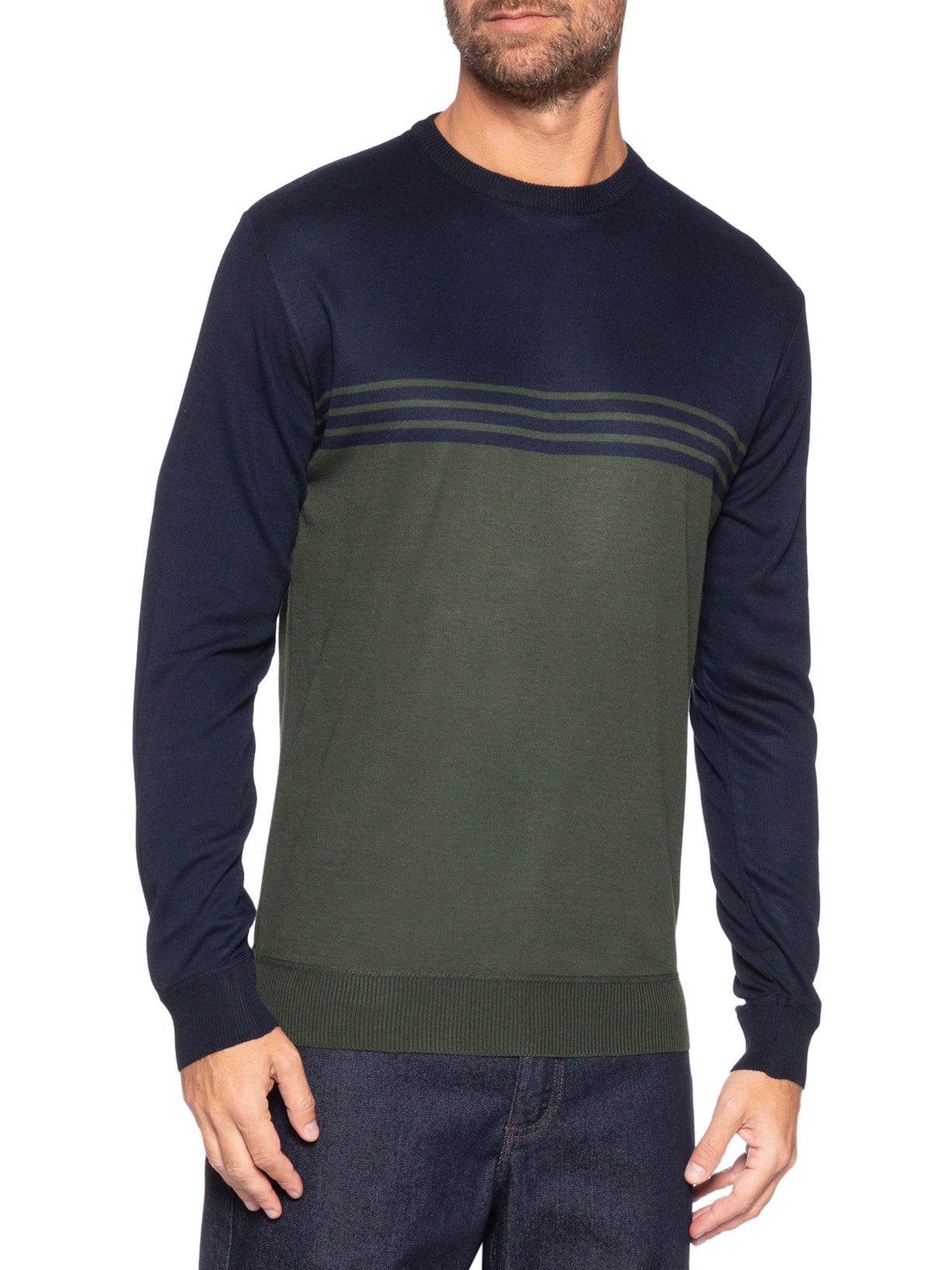 Suéter Masculino Gola Careca Listrado Azul '2 Essential