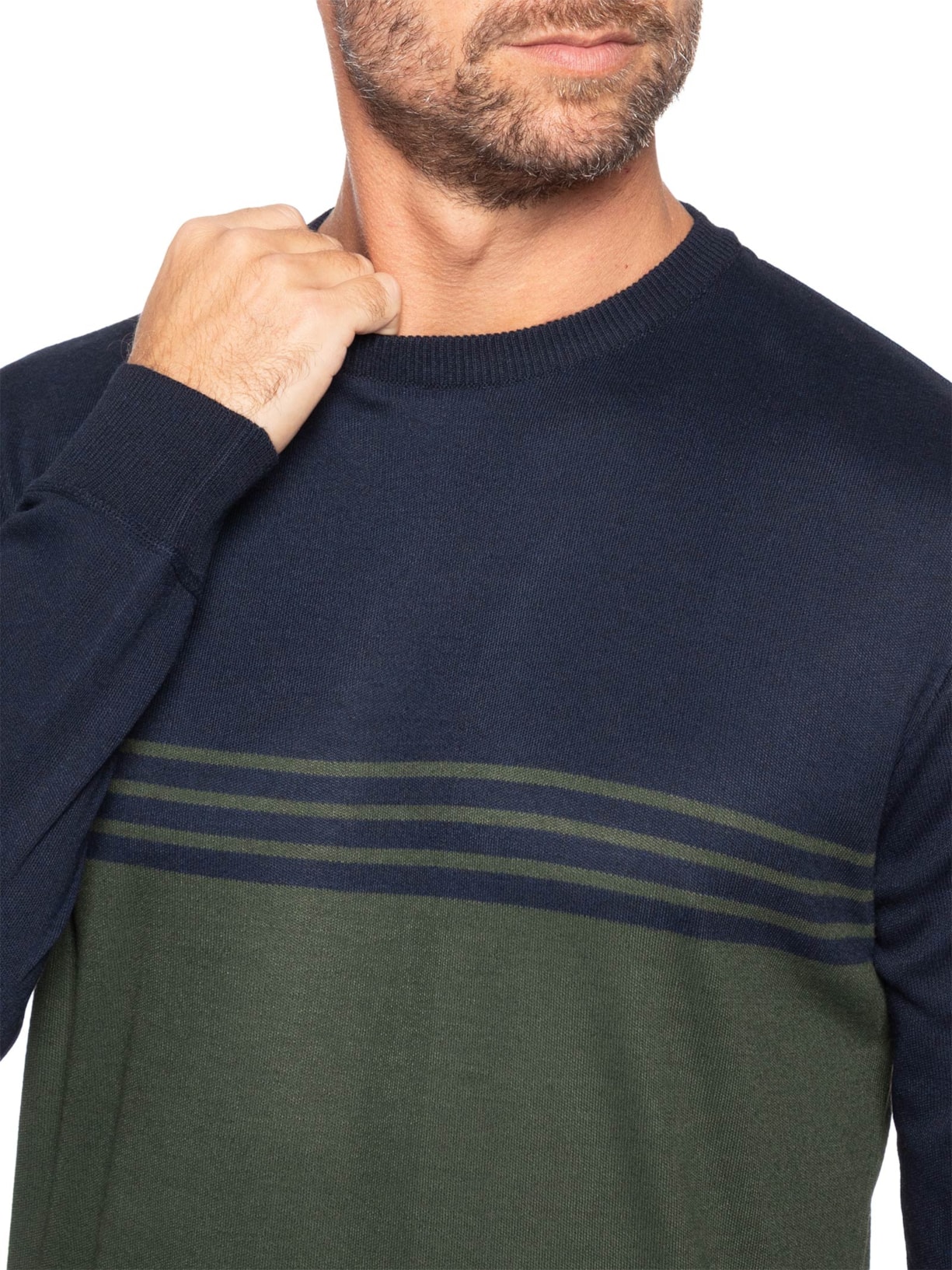 Suéter Masculino Gola Careca Listrado Azul '2 Essential