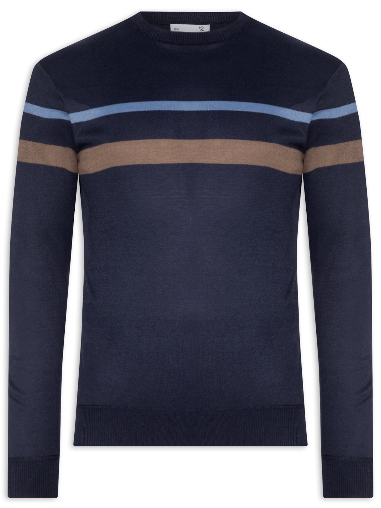 Suéter Masculino Gola Careca Listras Dupla - Azul