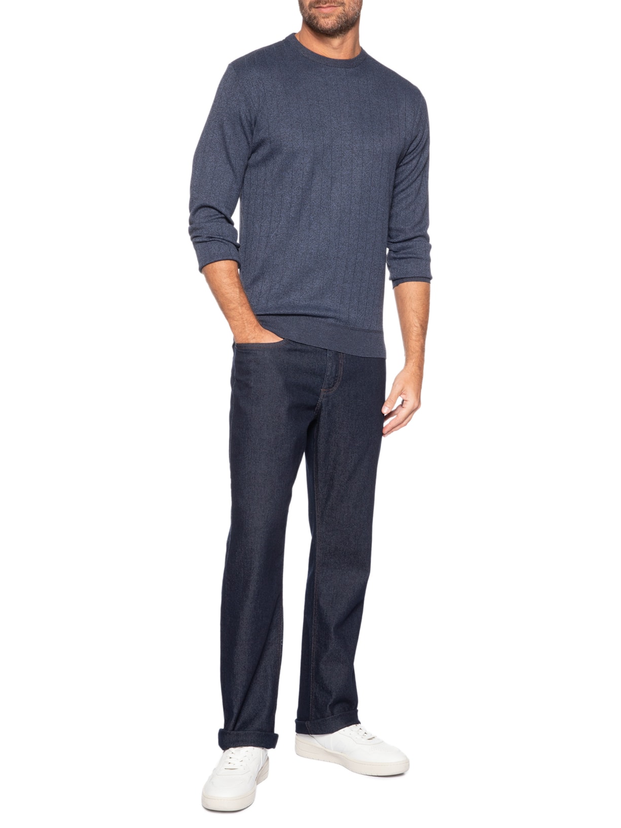 Suéter Masculino Gola Careca Textura Listra Azul '2 Essential