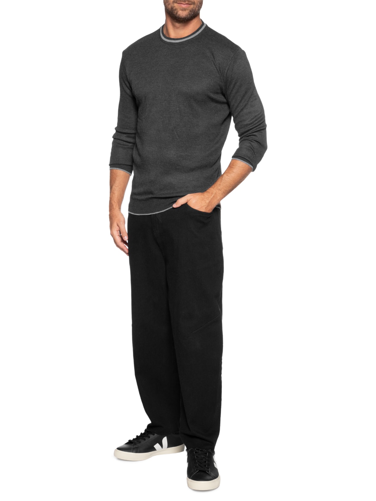 Suéter Masculino Gola Redonda Básico Preto '2 Essential