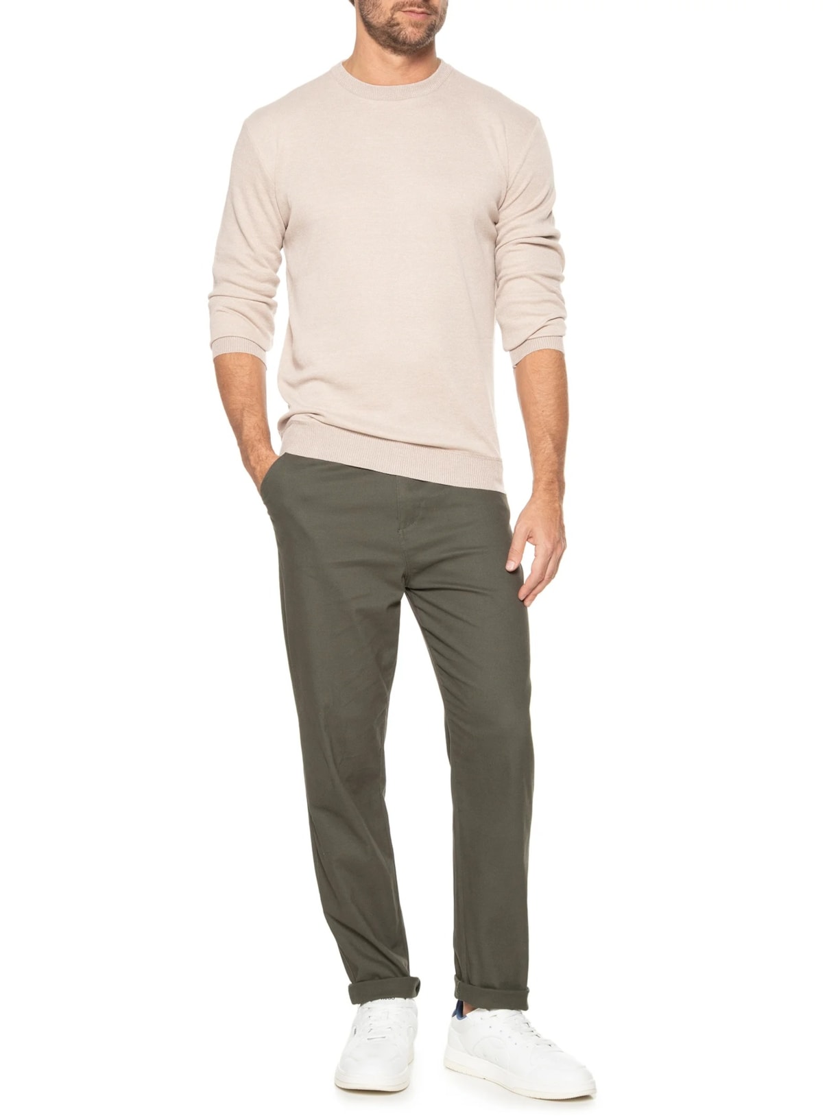 Suéter Masculino Gola Redonda Bege '2 Essential