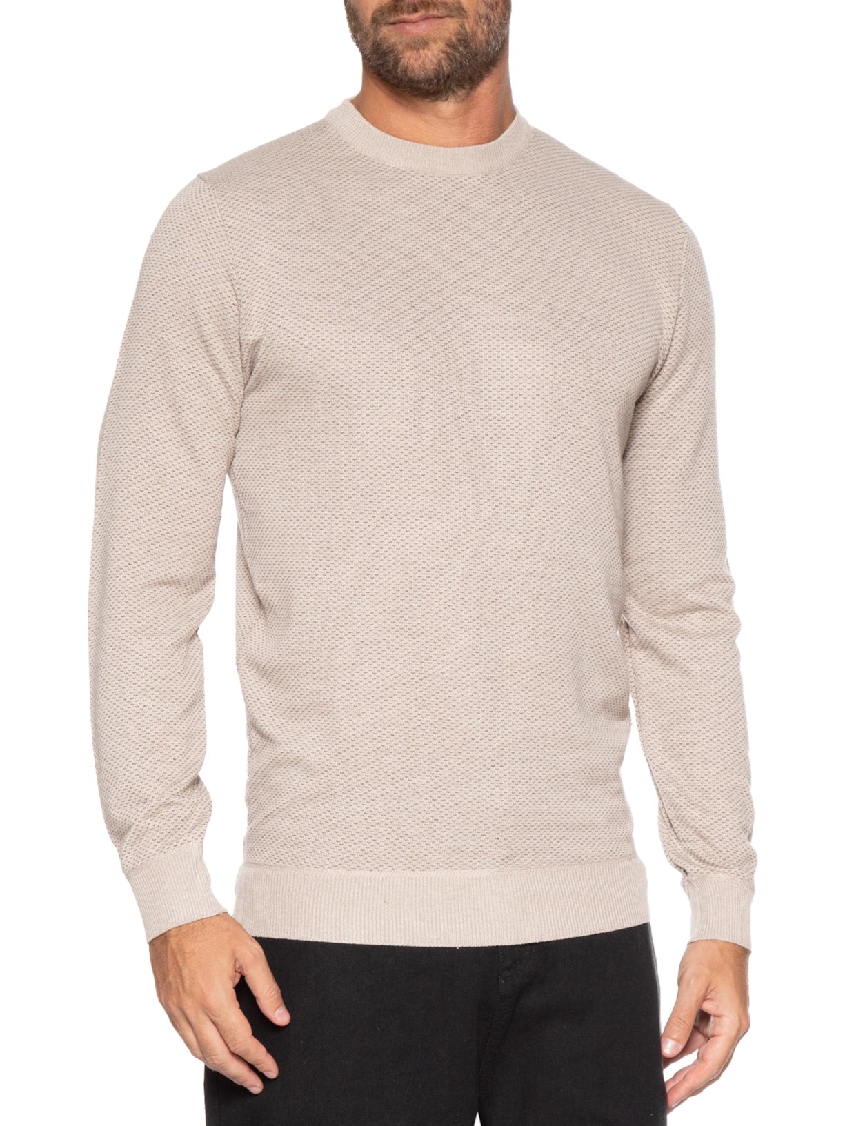 Suéter Masculino Gola Redonda Casual Bege Basiq Men
