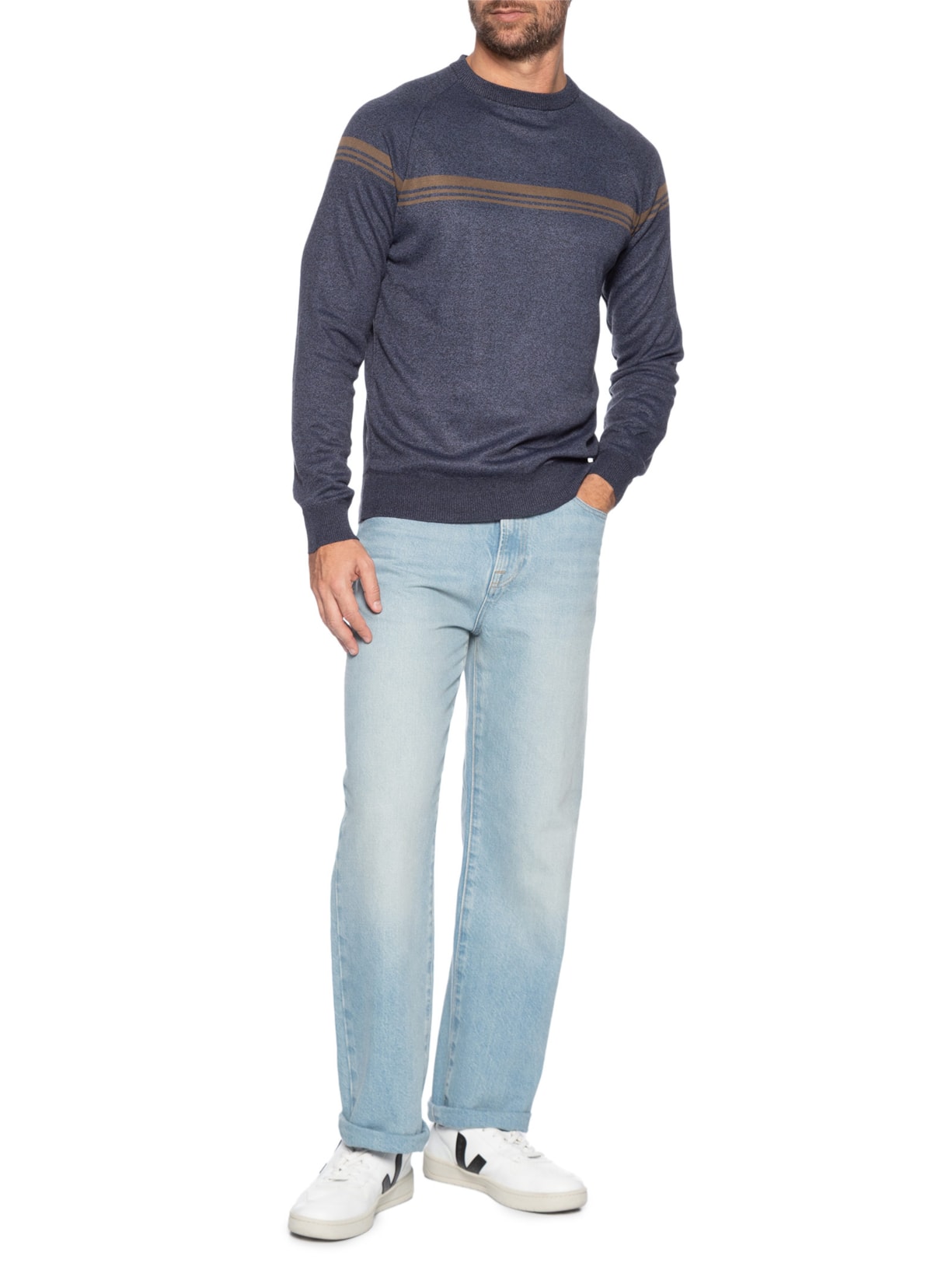 Suéter Masculino Gola Redonda Lista Centralizada Azul '2 Essential