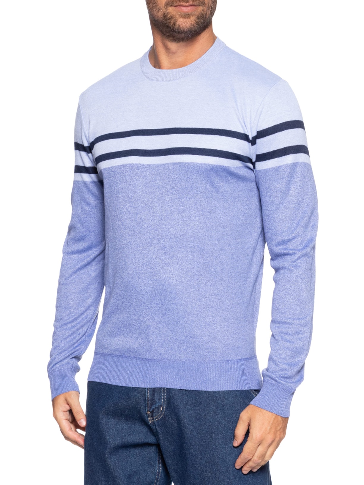 Suéter Masculino Gola Redonda Listra Azul '2 Essential