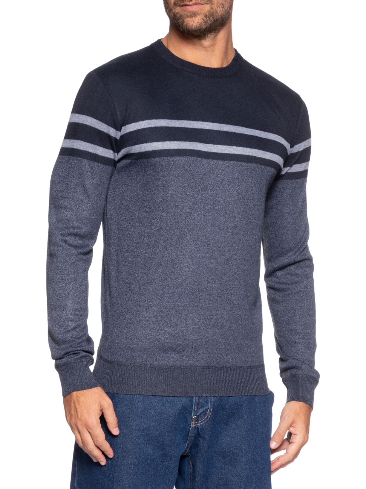 Suéter Masculino Gola Redonda Listra Azul '2 Essential
