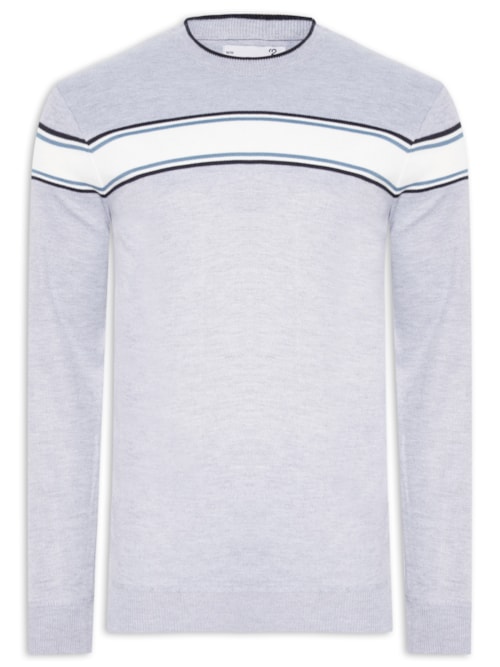 Suéter Masculino Gola Redonda Listra Dupla - Cinza