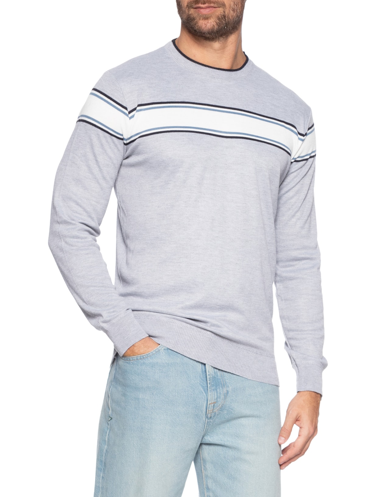 Suéter Masculino Gola Redonda Listra Dupla Cinza '2 Essential