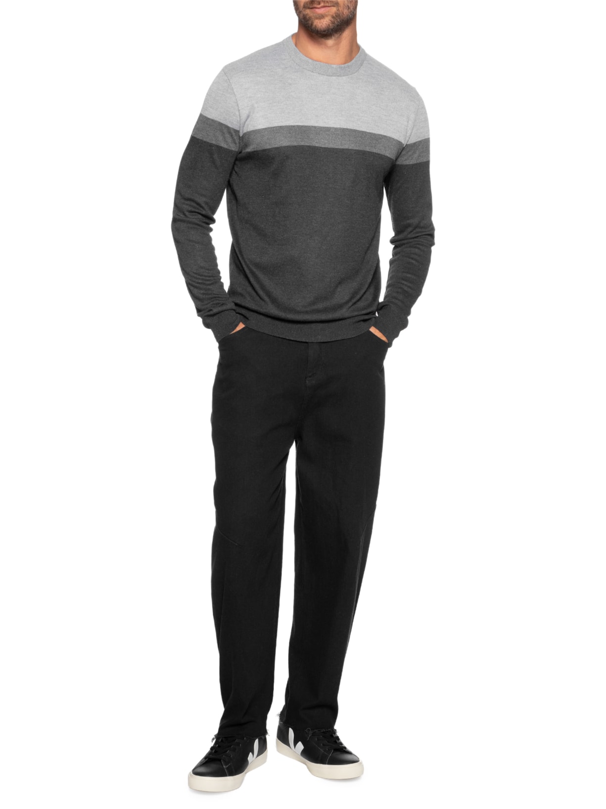 Suéter Masculino Gola Redonda Listra Preto '2 Essential